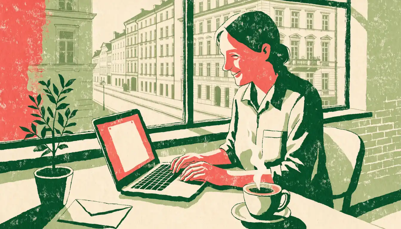 Pracownik biura przy biurku w nowoczesnym wnętrzu, laptop, kawa i koperta, światło dzienne z okna.