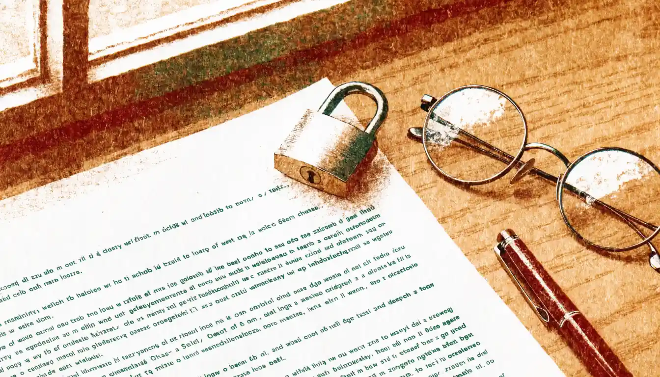 Drukowany dokument z mosiężną kłódką, długopis i okulary na drewnianym biurku przy oknie